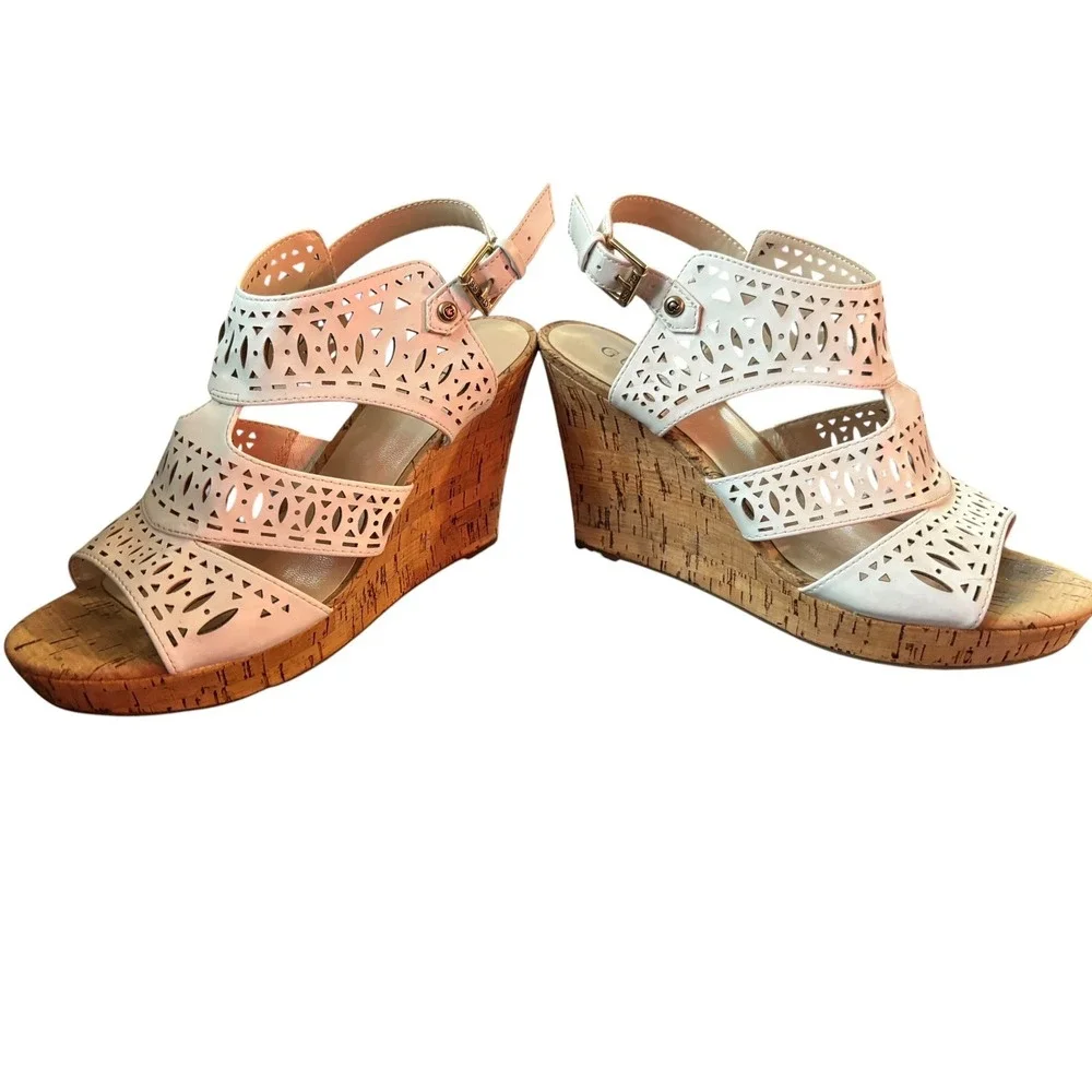 Guess Jacalyn-R White Laser Cut Cork Wedge Sandals Womens 9M WG-JACALYN-R Boho